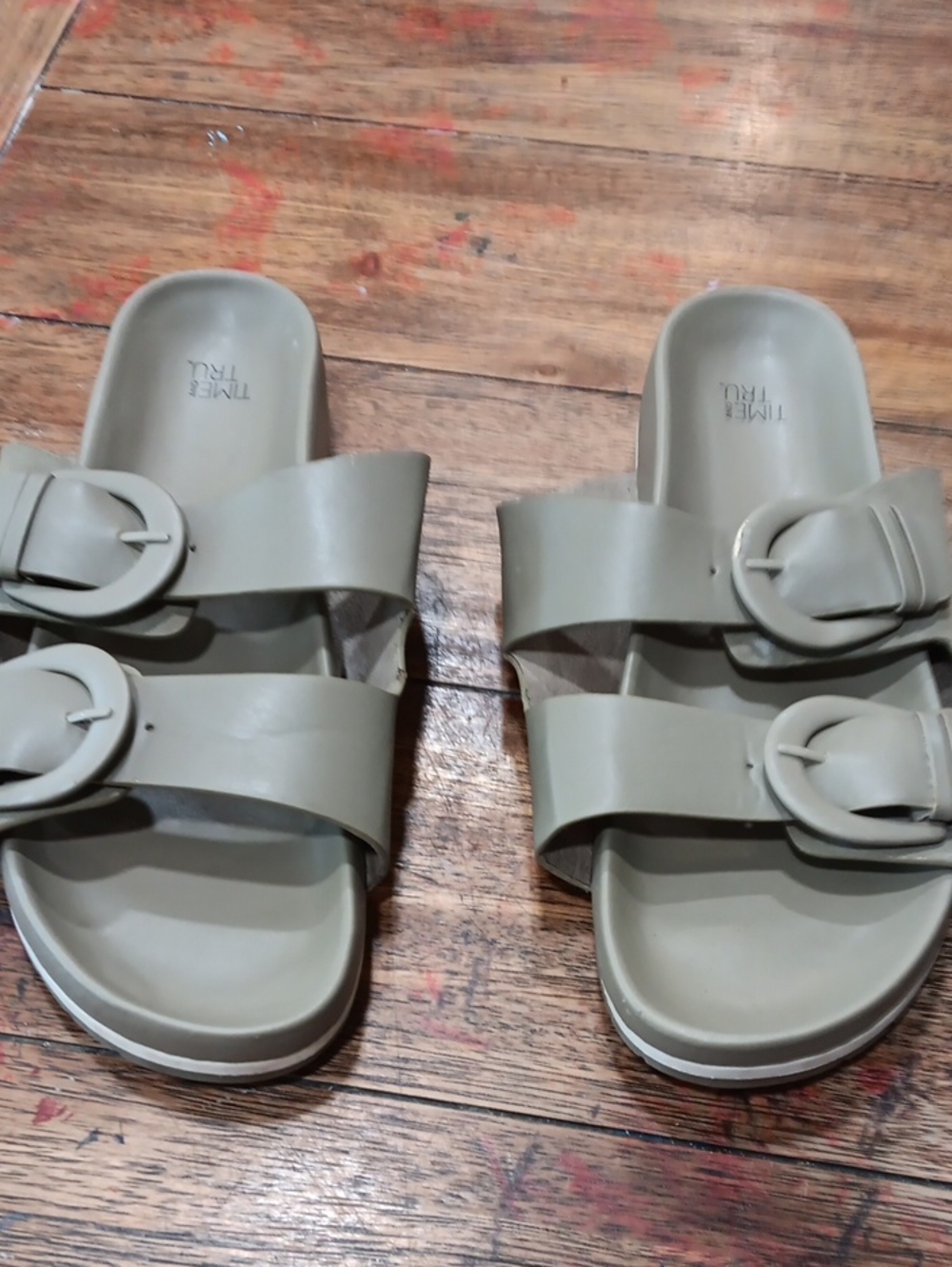 Time and Tru Olive Double-Buckle Slide Sandals